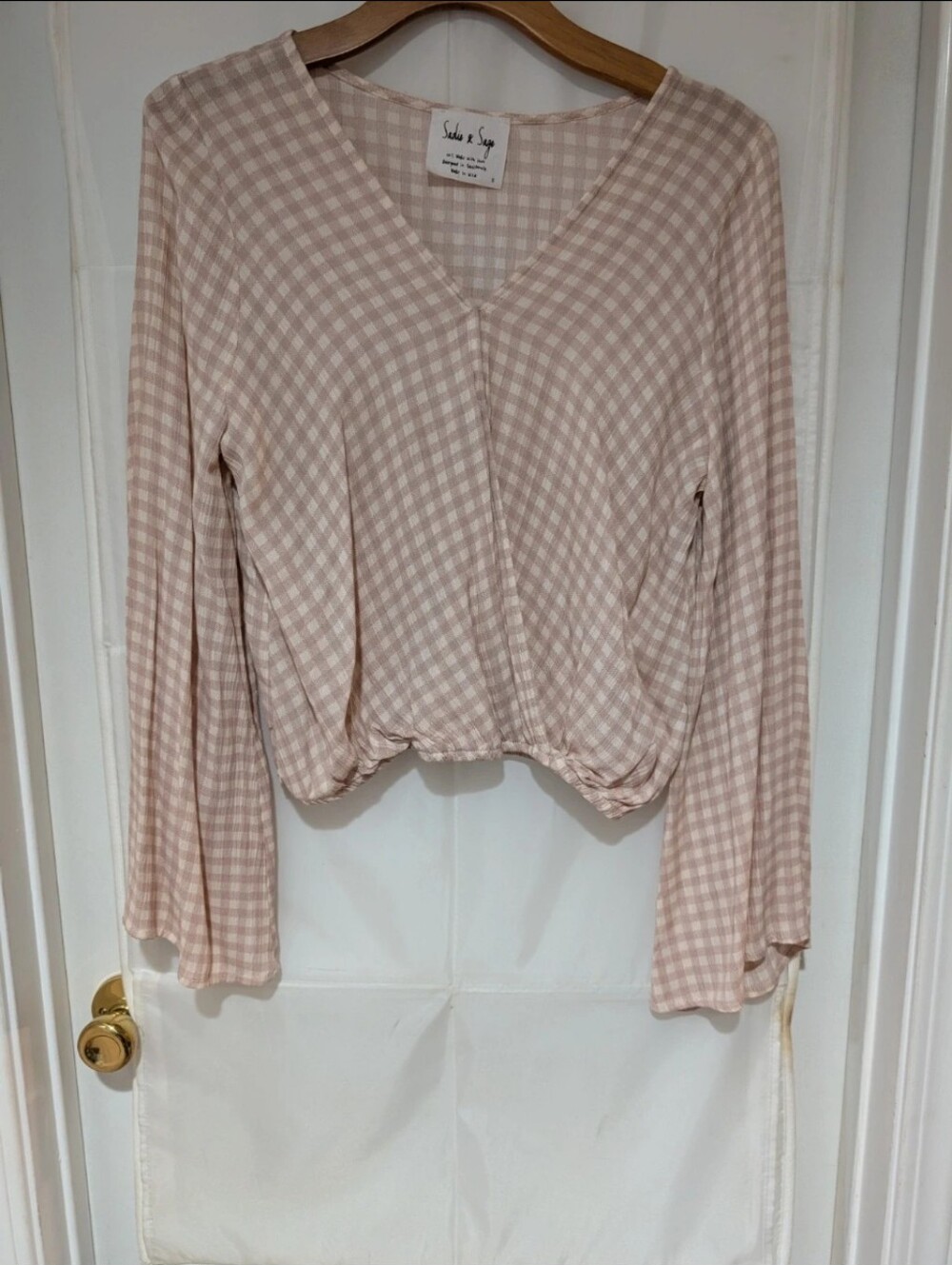 Sadie & Sage Gingham Bell Sleeve Wrap Blouse Size Pink Beige